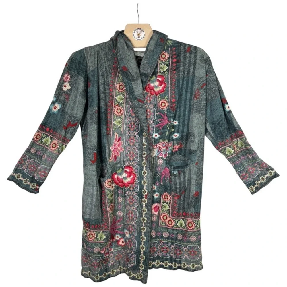 Johnny Was Biya Paco Duster XL Gray Floral Embroidered Hooded Cardigan - Picture 2 of 8